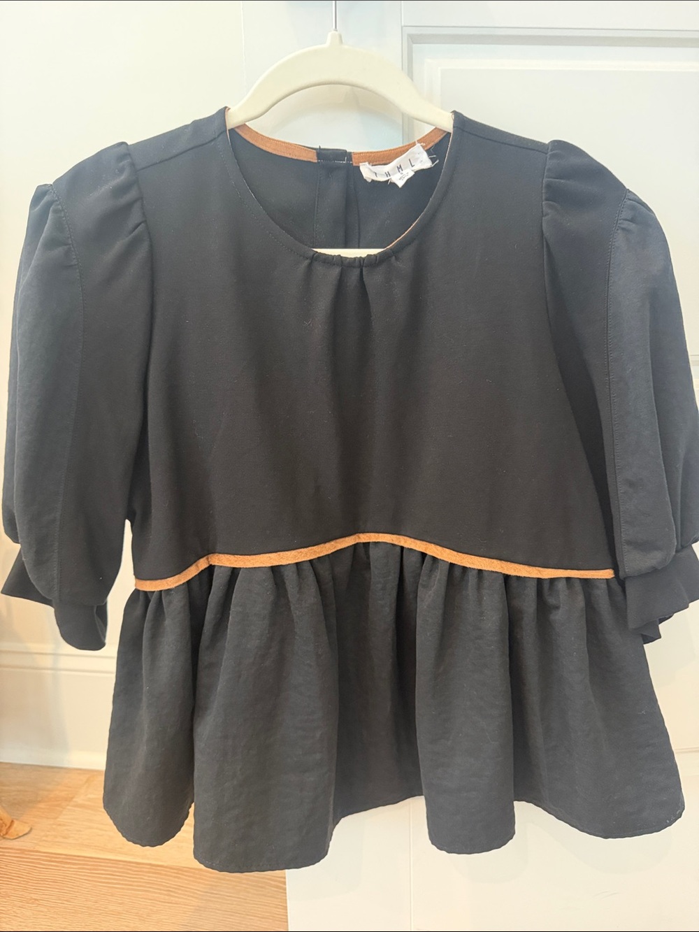 THML Black Peplum Puff-Sleeve Top with Tan Trim